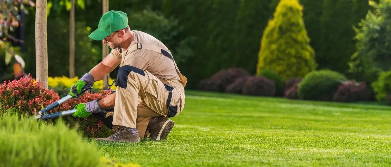 Professional landscaper trimming shrubs with shears in a well-maintained garden, enhancing Central Oregon homes.